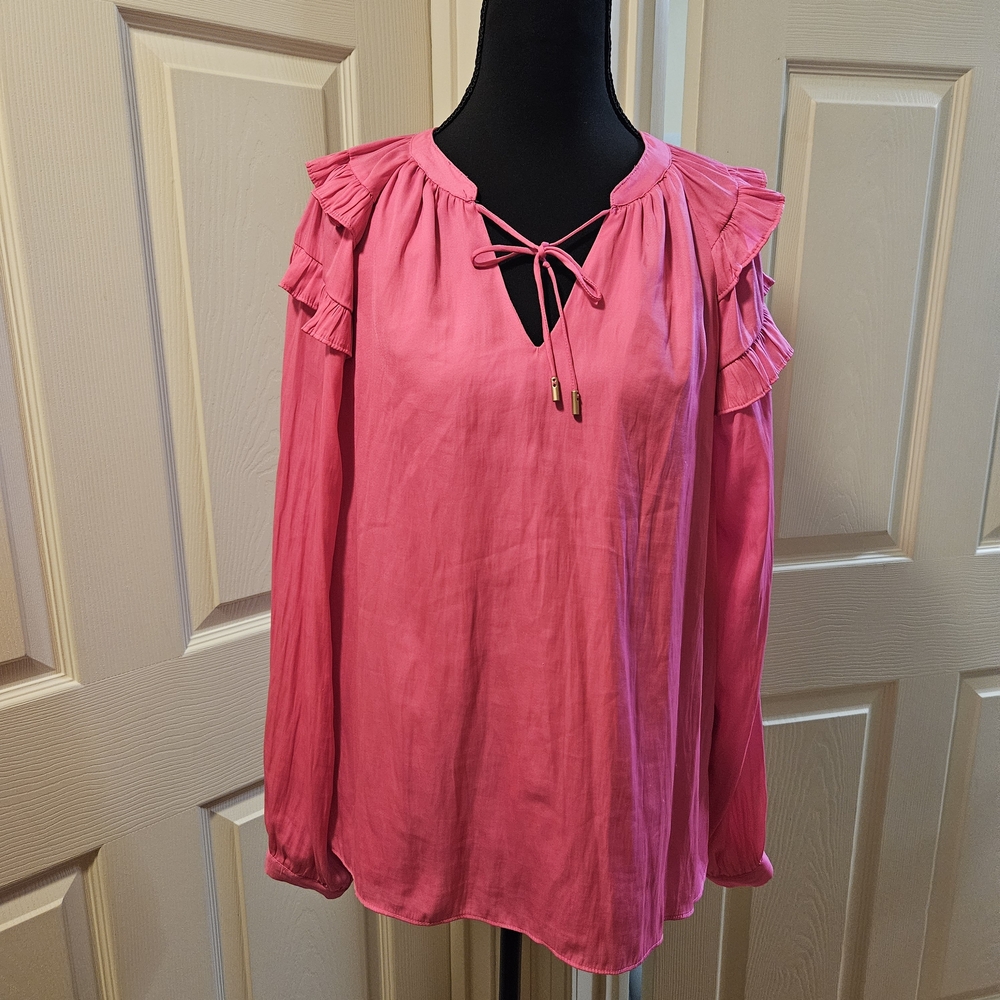 Hot Pink Fairy Blouse Flutter Sleeve Bow V-neck Size Medium Women's